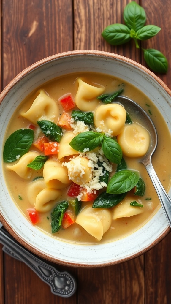 A bowl of creamy three-cheese tortellini soup with spinach and vegetables, topped with Parmesan and basil on a wooden table.
